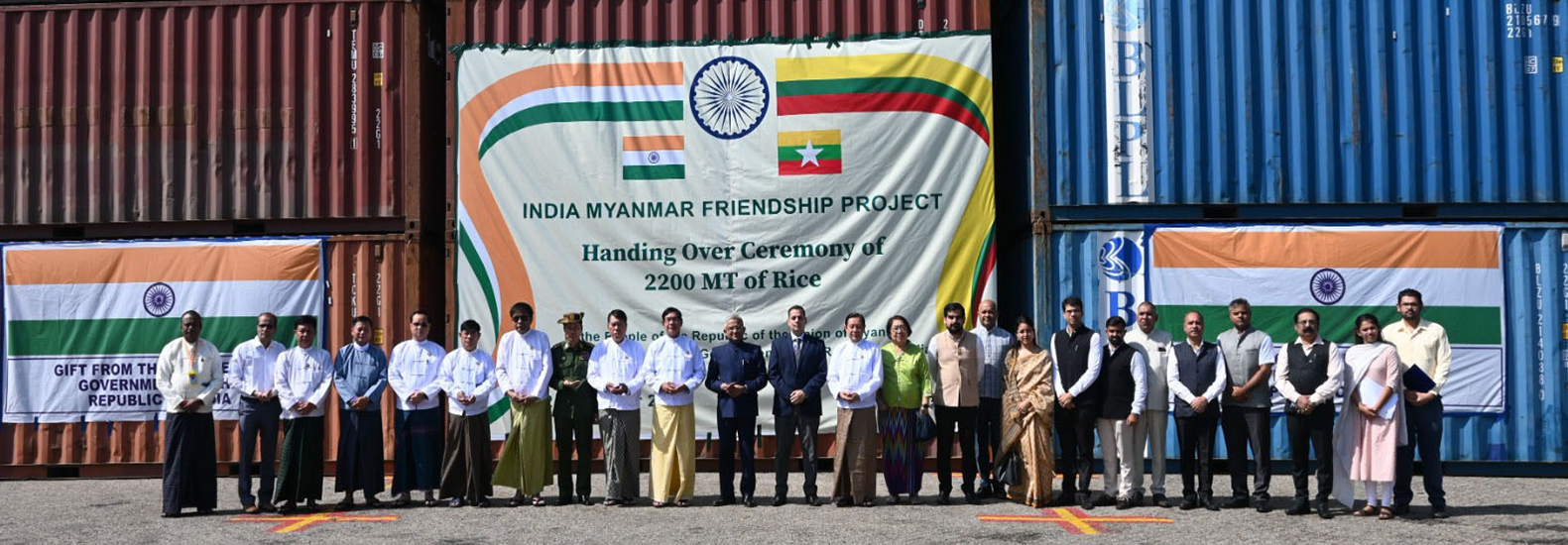  2200 MT of Indian white rice donated to the people of Myanmar, to benefit nearly 140,000 needy people, delivered by an 86-container vessel at Yangon Port, was handed ove by Ambassador Abhay Thakur in the presence of Myanmar Red Cross, CSOs & Yangon Region Chief Minister U Soe Thein.
