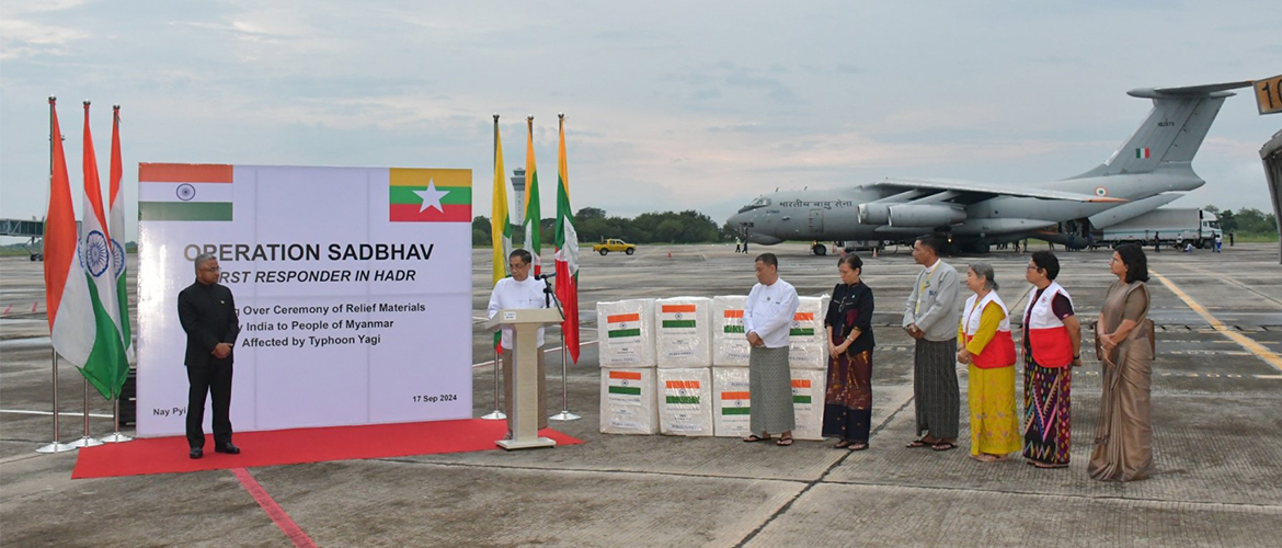  #OperationSadbhav -Ambassador Abhay Thakur handed over 32 tons of HADR aid brought by @IAF_MCC to U Ko Ko Hlaing, Union Minister for the Ministry of the State Administration Council Chairman's Office (2) at Naypyitaw airport for distribution to people in affected areas due to Typhoon Yagi
