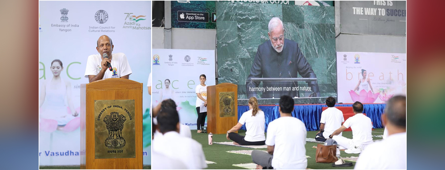  Celebration of 9th International Day of Yoga in Yangon with a mass Yoga demonstration at Yangon United Sports Complex on June 21, 2023.    
          
