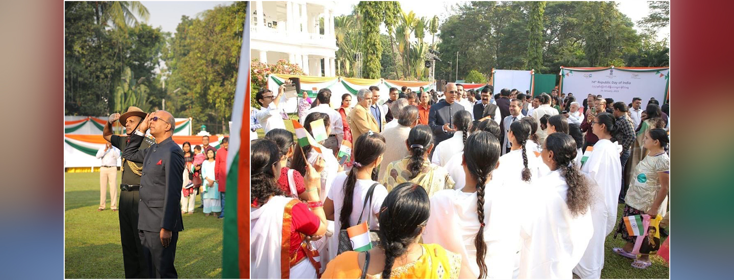  On the joyous occasion of India’s 74th Republic Day, Ambassador of India to Myanmar, H.E. Shri Vinay Kumar hoisted the tricolour at the India House and read Hon’ble Rashtrapatiji’s address to the nation. (26 January 2023)